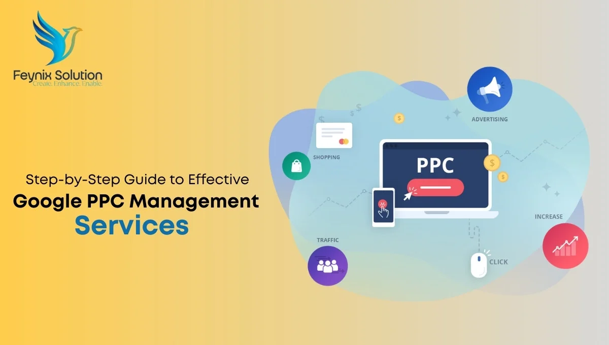 Illustration of Google PPC Management Services showing campaign optimization, pay-per-click advertising, and digital marketing strategy
